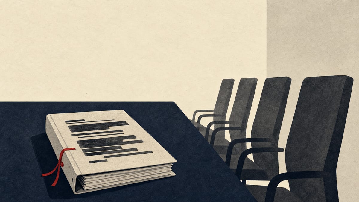 A report binder with redacted sections beside a row of empty chairs, suggesting a pending decision on officer accountability.