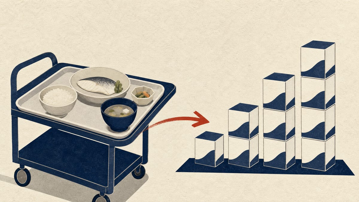 A care-facility meal cart with trays of soft fish dishes next to stacked cartons arranged as a rising bar chart.