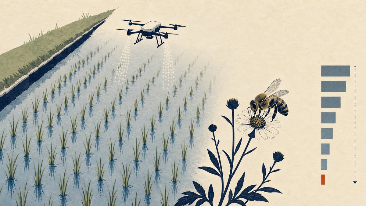 Illustration of a drone spraying a flooded rice paddy while a honeybee rests on a wildflower at the field edge, with abstract dose bars beside the field.
