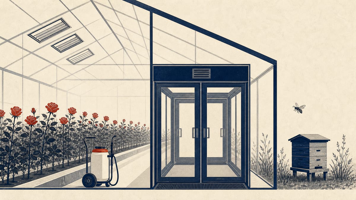 Rows of roses inside a sealed greenhouse with closed vents, and a honeybee hive visible beyond the glass wall.