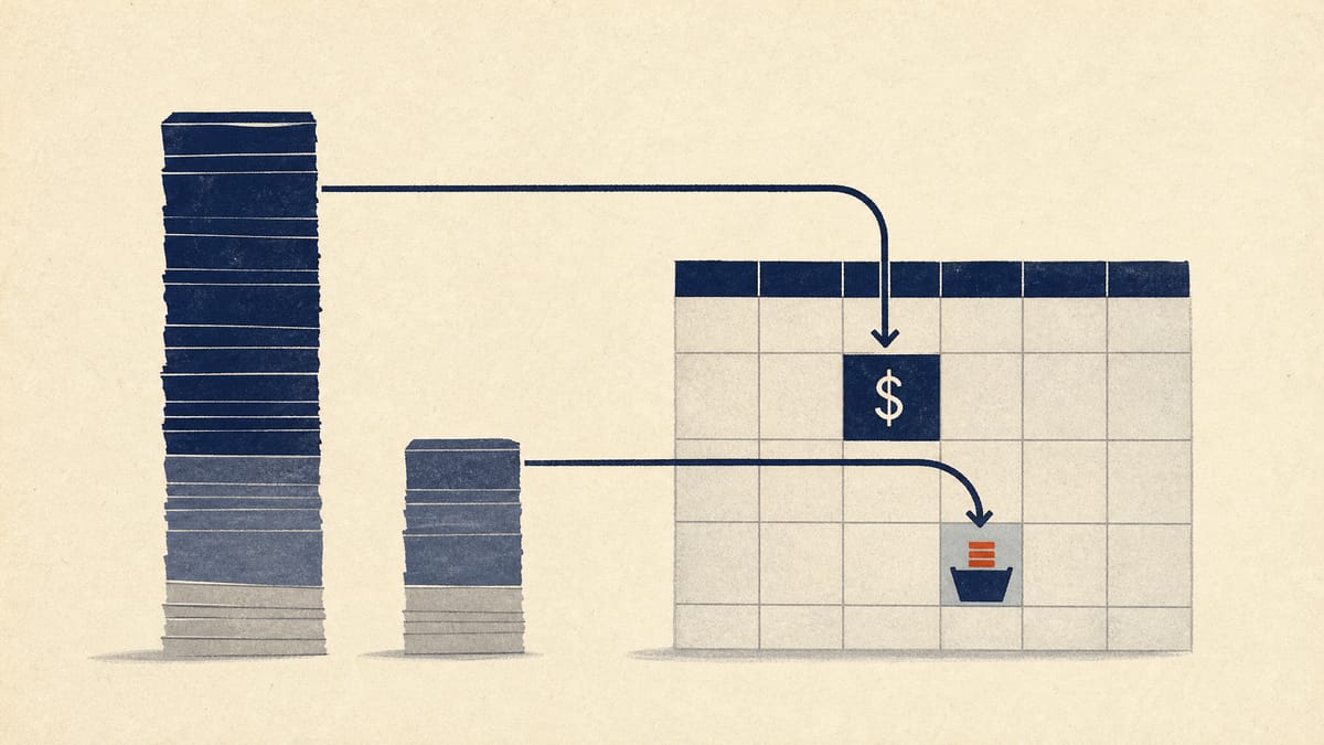 Abstract diagram of two bond tranches, one large and one small, flowing into a repayment calendar and a cash reserve vessel.