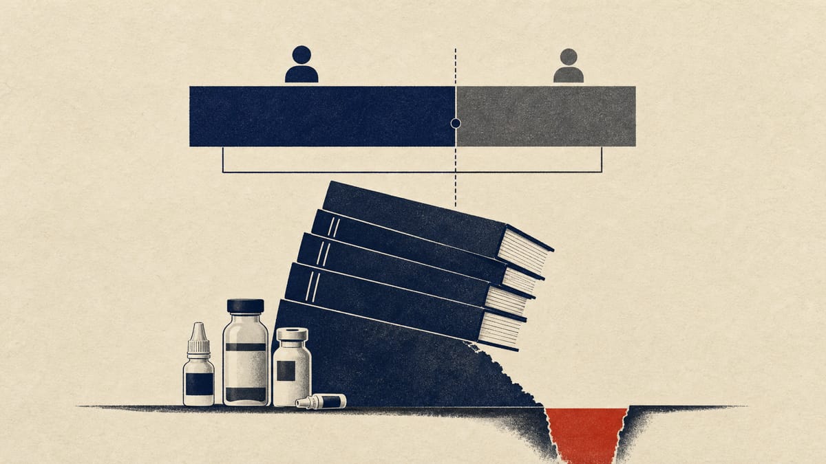 Editorial illustration of a split ownership bar above ledgers with a negative balance and eye-drop bottles, representing a wound-up pharmaceutical joint venture.