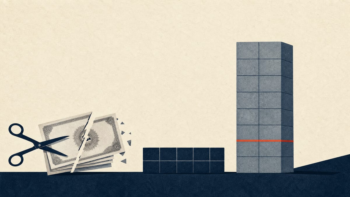 Illustration of a short bar of common-share blocks next to a taller stack of preferred-share blocks, with a floor line and a few bond certificates being removed.