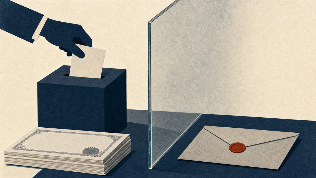 A ballot box separated by a glass divider from a sealed envelope, illustrating a vote that does not authorise a share issuance.