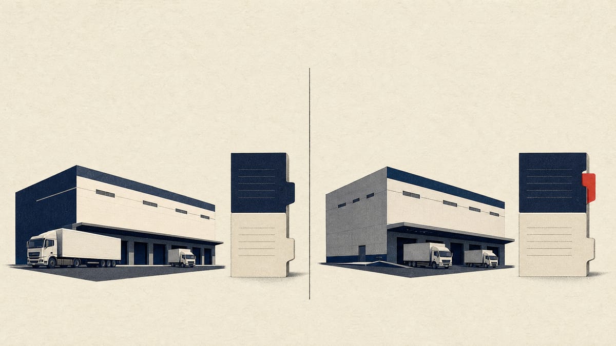 Illustration of two logistics warehouses with loading docks, each paired with stacked ledger blocks representing sale price and book value.