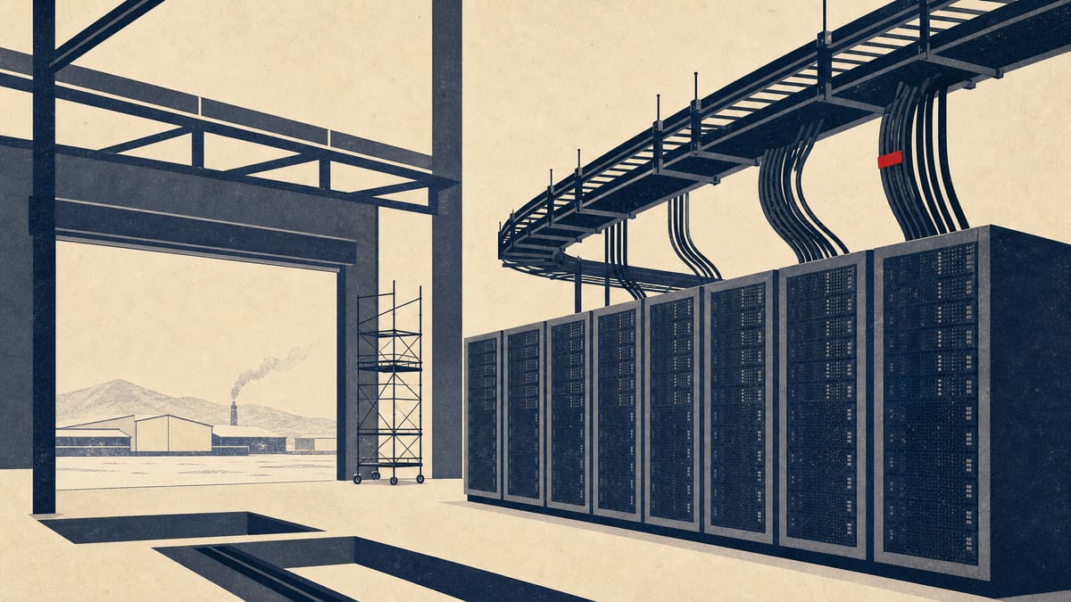 Server racks and cooling ducts in an unfinished data hall with scaffolding and cable trays.