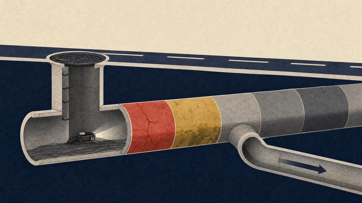 Illustrated cutaway of a large underground sewer pipe with a manhole, wall sensor and bypass pipe, with segments coloured by condition grade.
