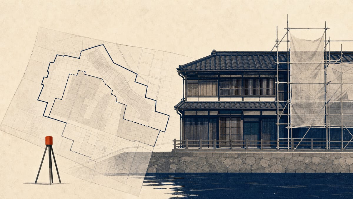 川岸の堤防沿いに立つ復原された木造町家と、その風景の上に描かれた計画区域の境界線