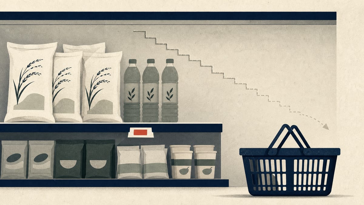 Grocery shelves stocked with rice, bottled drinks and packaged food, with a faint descending line chart behind them.