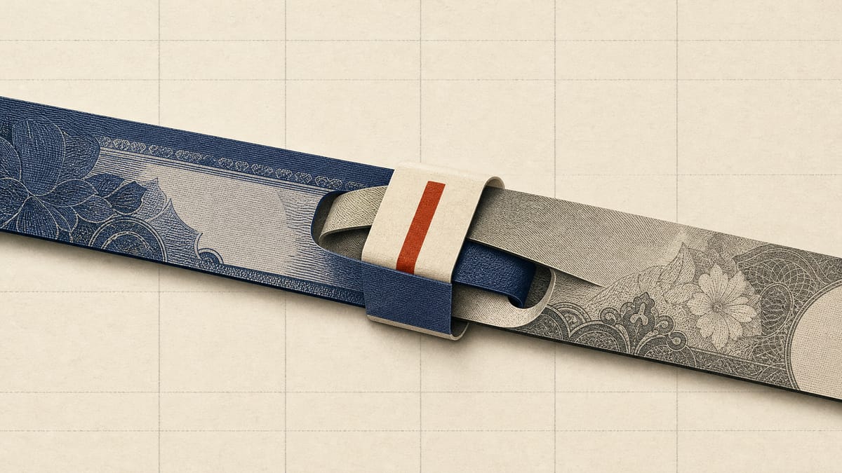 Two bands of banknote-style paper strips joined by a clasp, illustrating a bilateral currency swap arrangement.