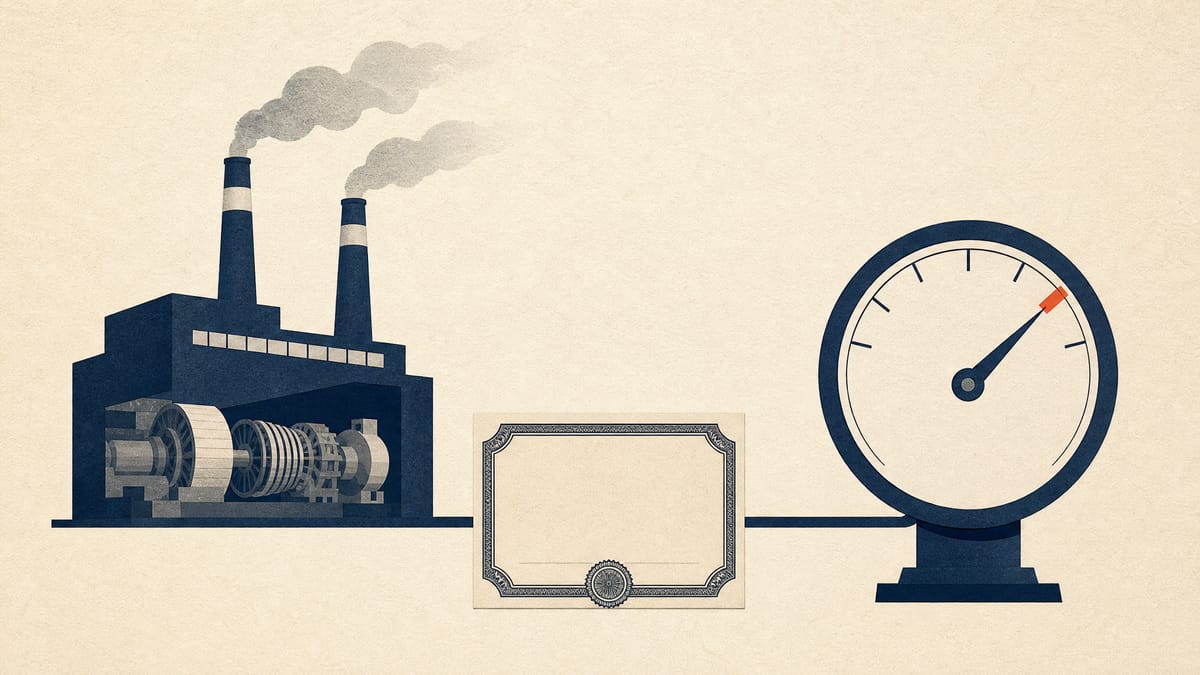 Illustration of a thermal power plant beside an emissions-intensity gauge with a marked target notch, linked to a bond certificate.