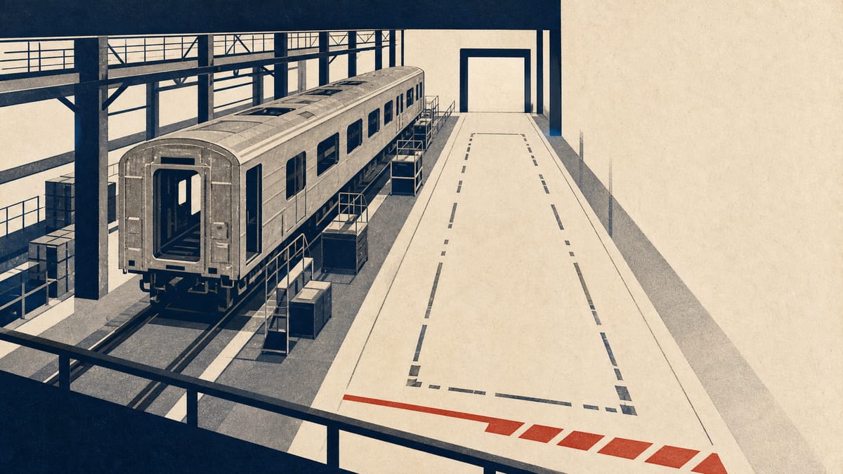 A railcar factory hall with a partly built passenger car in one bay and an emptied bay beside it.