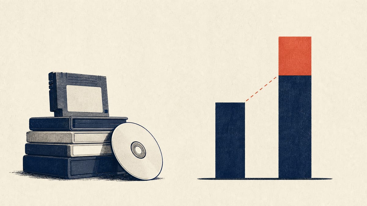 Illustration of game discs next to a two-layer bar chart showing operating profit and investment income