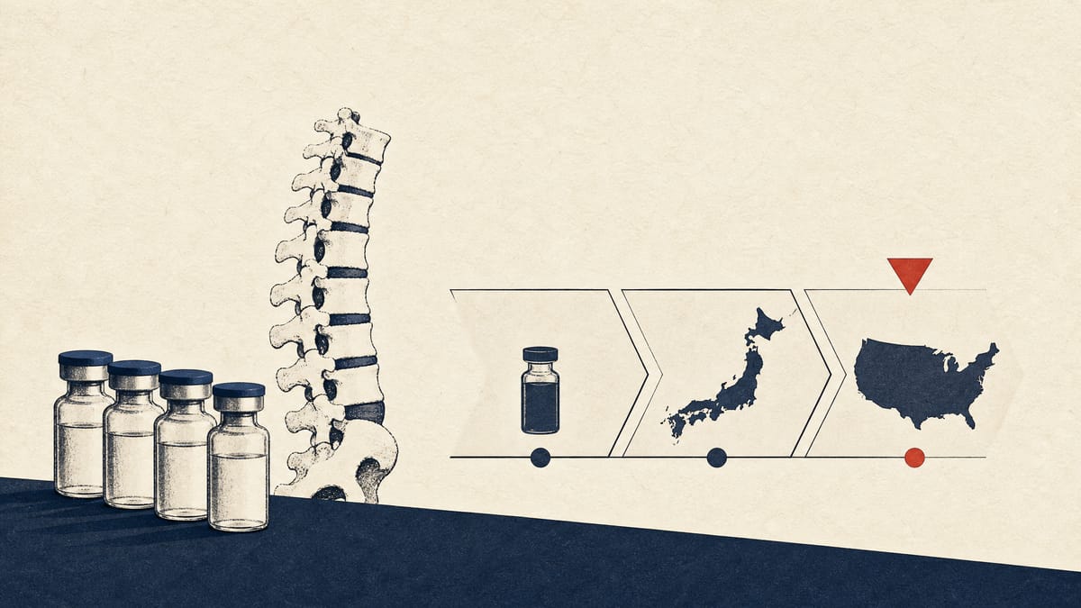Glass vials and a spinal-column model beside a staged trial-pipeline diagram with one pending stage highlighted.