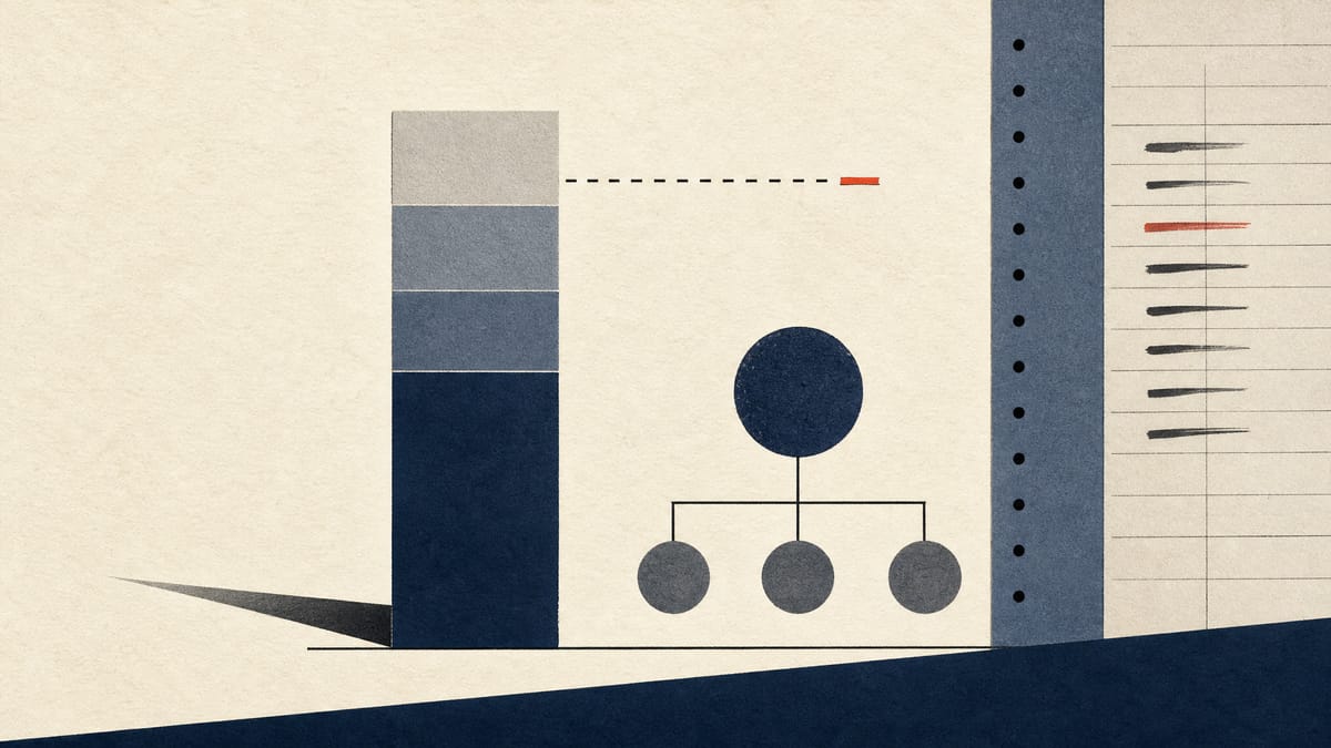 Stylised stacked bar of shareholding blocks approaching a threshold line, next to a ledger strip and a diagram of linked board committees.