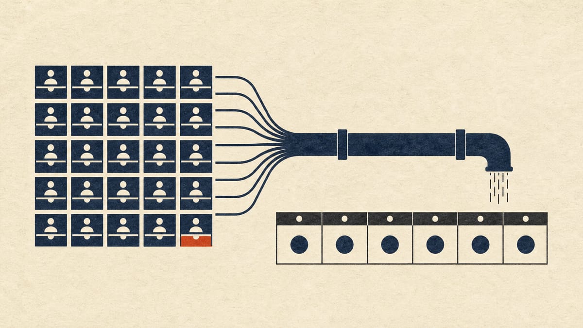 Abstract illustration of many identical account tiles flowing into one repayment channel beside a six-slot calendar strip.