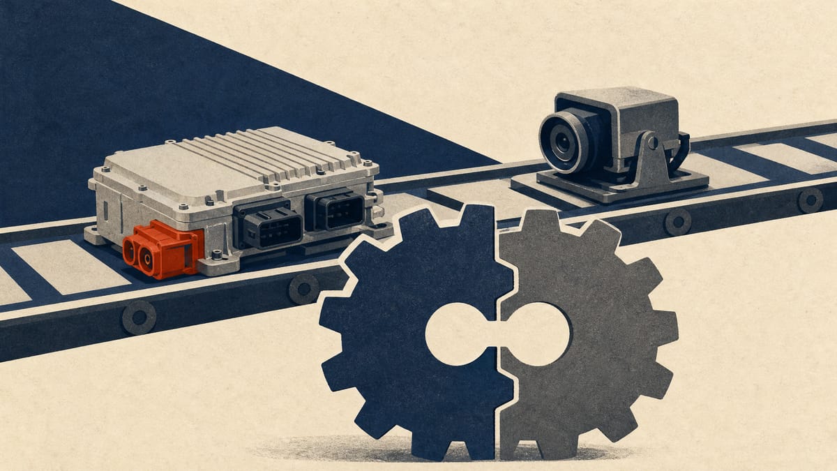 Illustration of inverter modules and in-cabin camera units on a car-parts assembly line, with two interlocking gears representing a 50-50 joint venture.