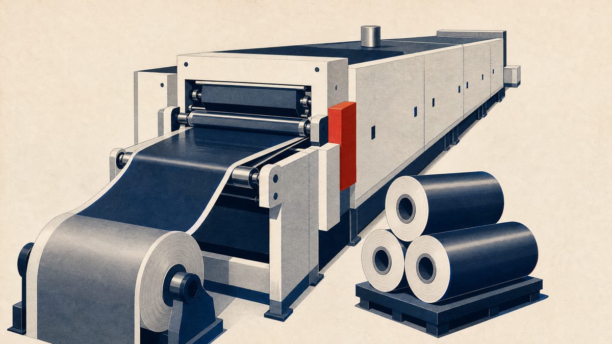 A roll-to-roll coating machine feeding thin film through a drying oven, with spools of coated foil beside it.