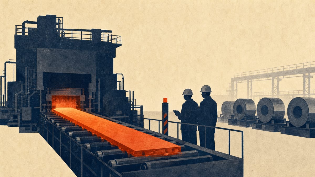 Steel slab on roller tables in a hot-rolling mill with inspectors in safety helmets and idle downstream coil lines behind.