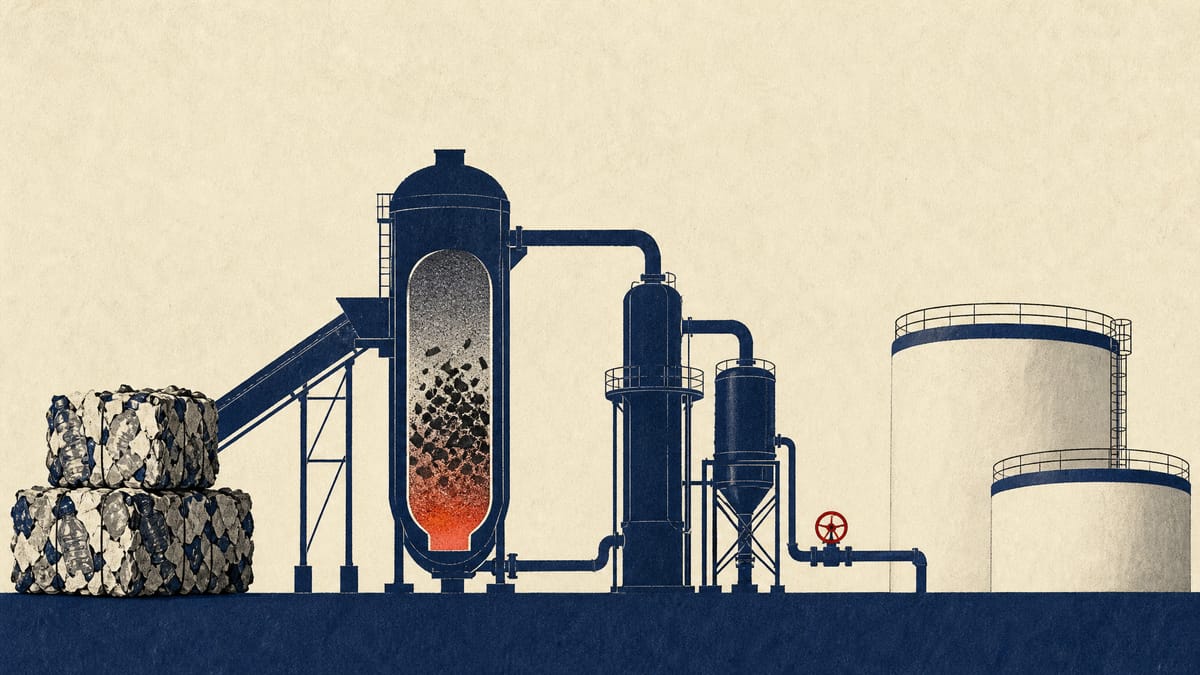 Illustration of a waste gasification reactor and gas-cleaning columns feeding chemical storage tanks, with bales of mixed waste at the input end.