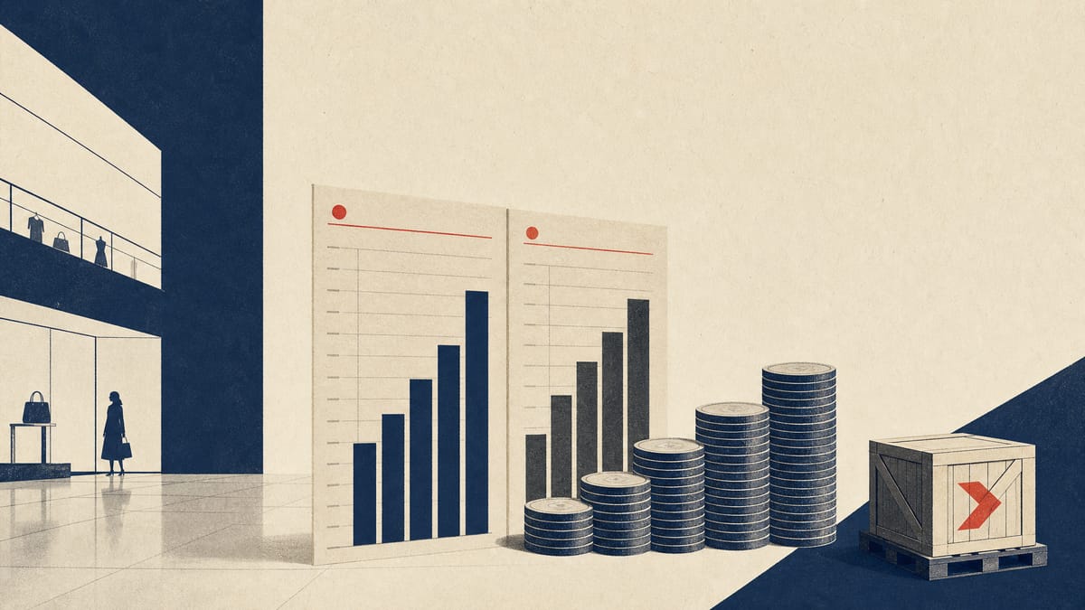 Illustration of stacked coins and a bar chart beside a department store display, representing rising shareholder-return targets.