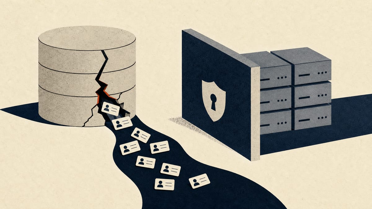 Illustration of a database leaking small contact-card tiles, separated by a barrier from other server blocks.