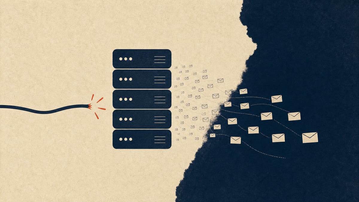 Illustration of five database servers with one disconnected from the network and small envelope shapes streaming away from them