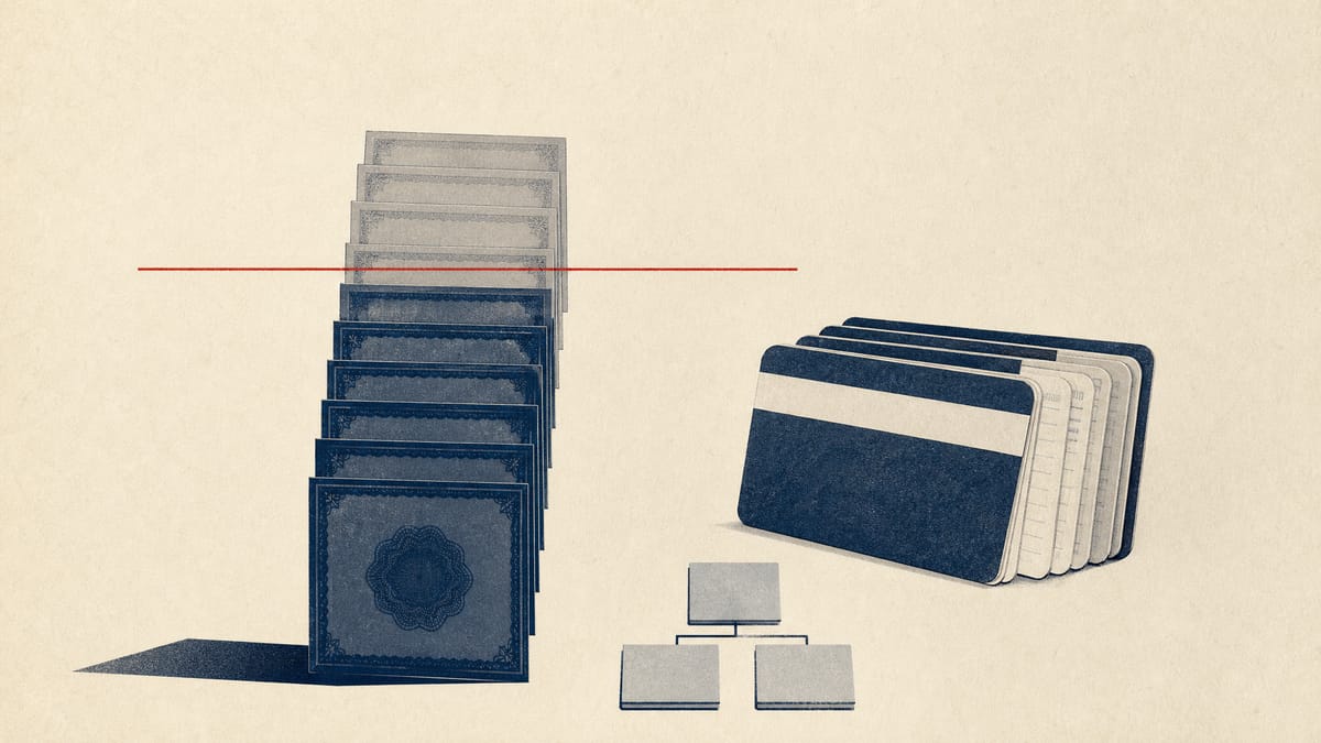 Editorial illustration of a rising bar of shares crossing a threshold line beside deposit passbooks and linked subsidiary tiles.