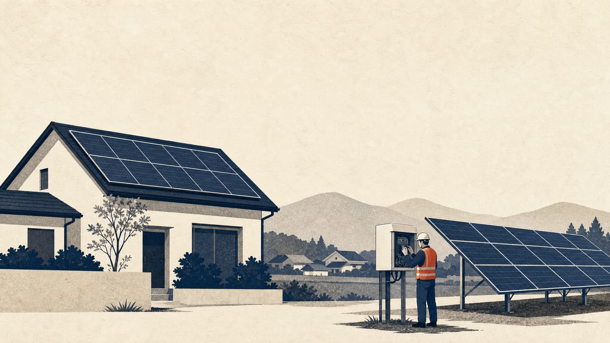 Rooftop solar panels on a house beside a ground-mounted array where a technician inspects equipment.