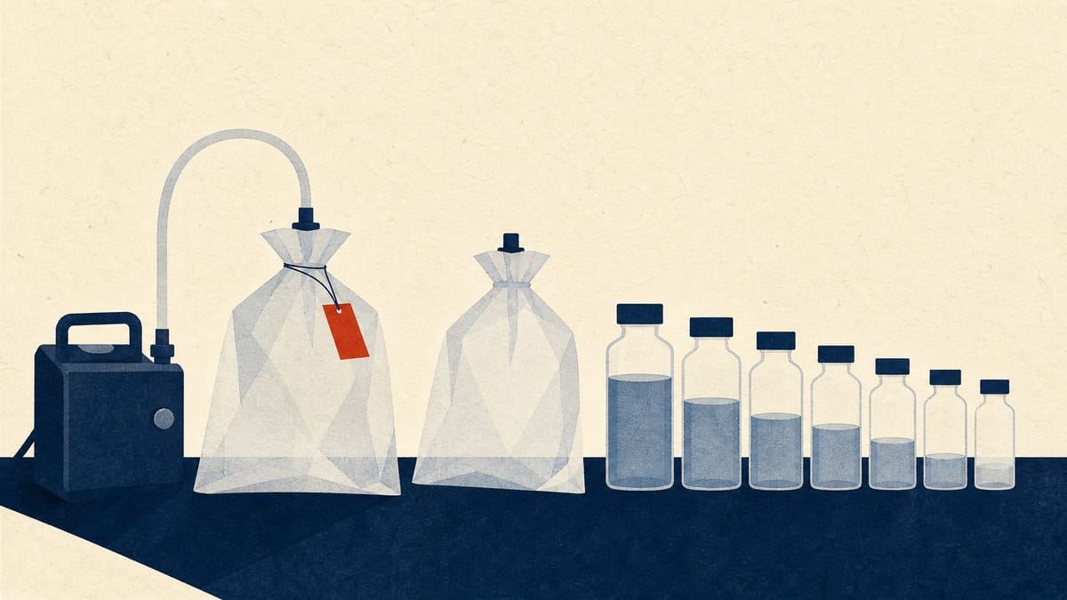 Illustration of glass sampling bottles, odor bags and a laboratory pump lined up in a dilution series for odor testing