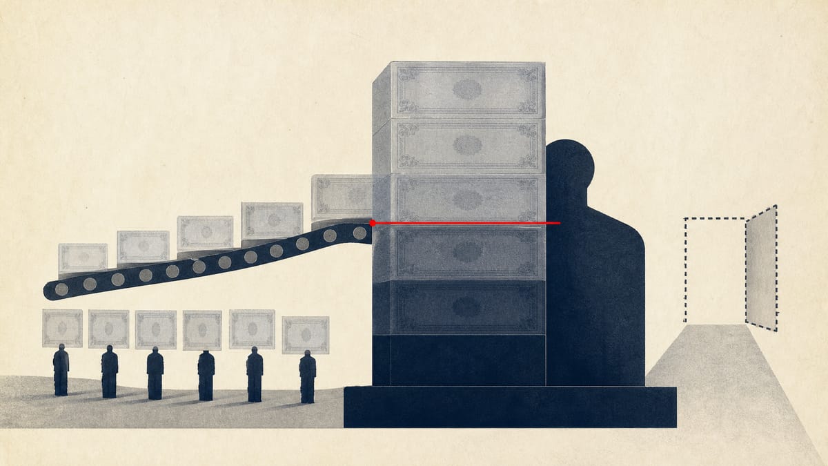 Abstract illustration of share blocks flowing from many small holders into one larger holder past a majority threshold line, with a faint exit gate beyond.