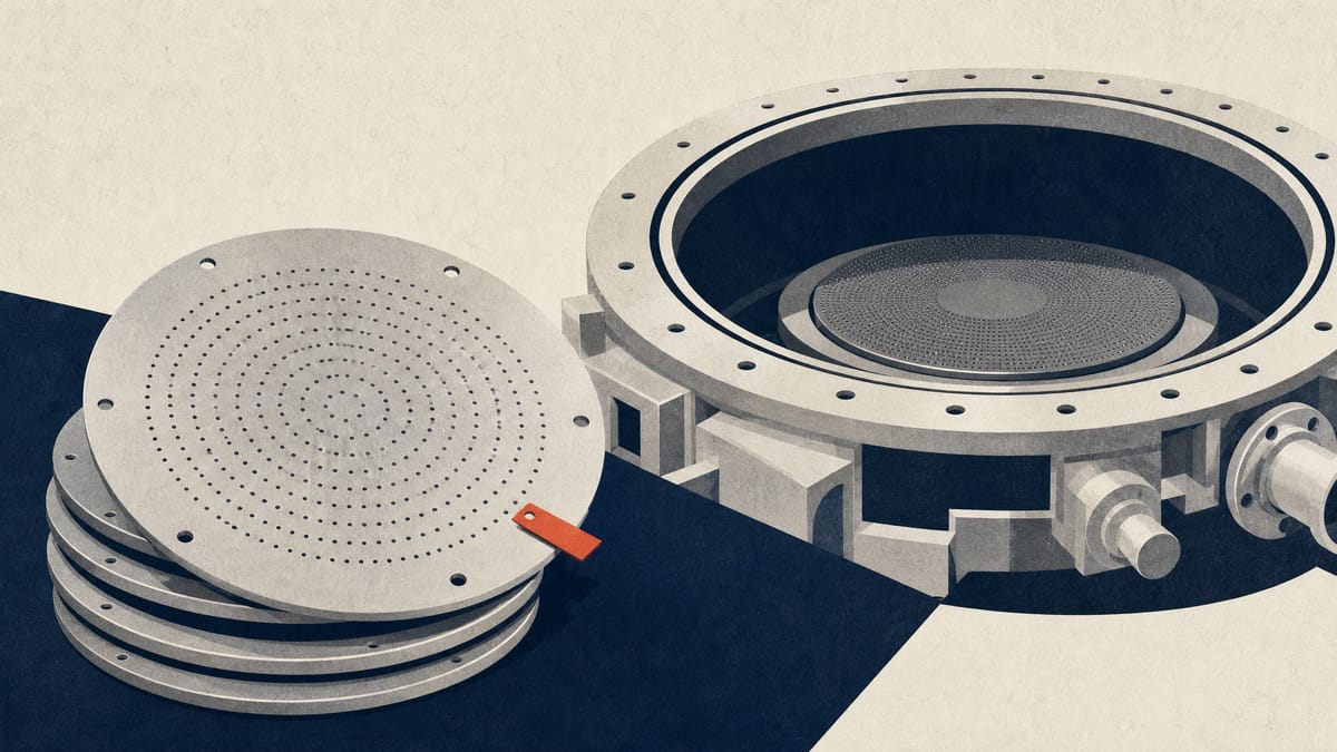Aluminium showerhead plates with fine perforations stacked next to semiconductor equipment components