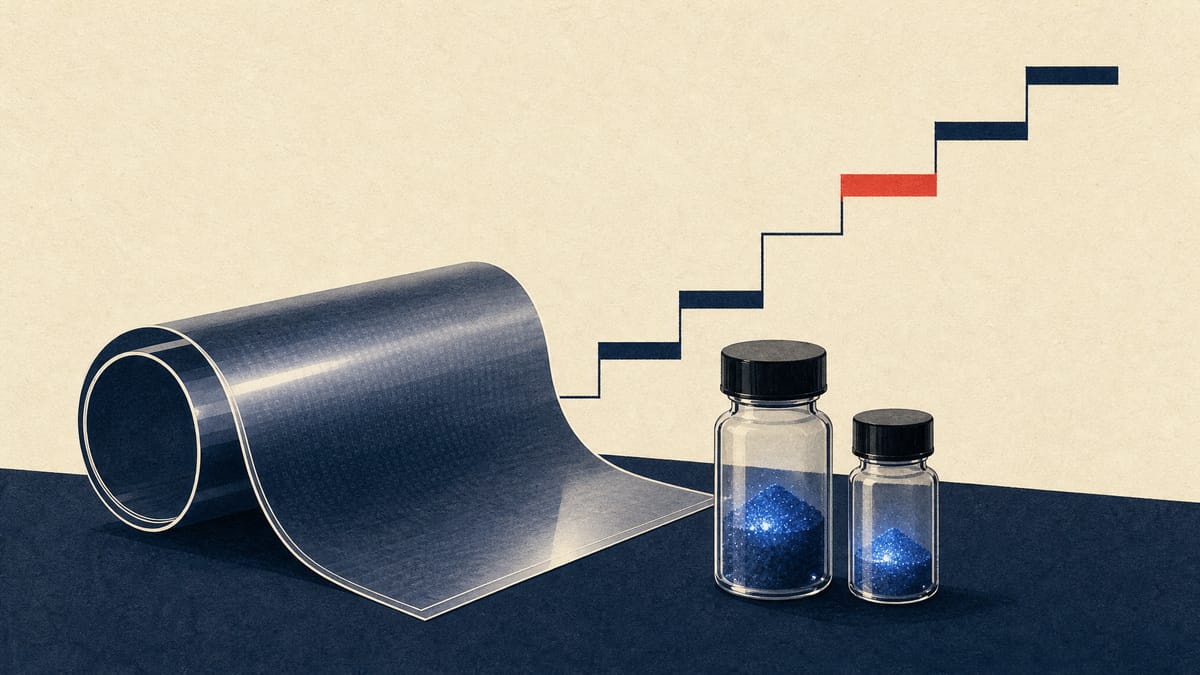 Laboratory vials of blue-emitting OLED material beside a display panel substrate and a stylized listing-step diagram