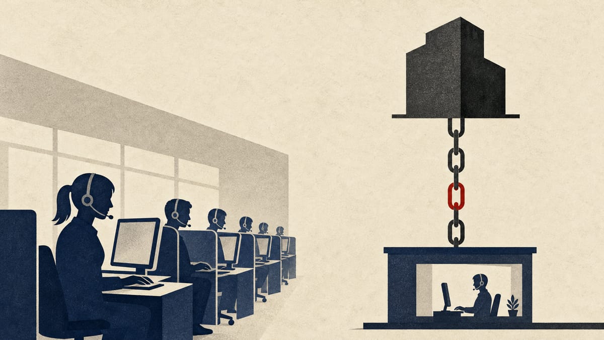 Rows of contact-centre workstations with headsets, partly overlaid by automated call-routing diagrams and a chain of contract links.