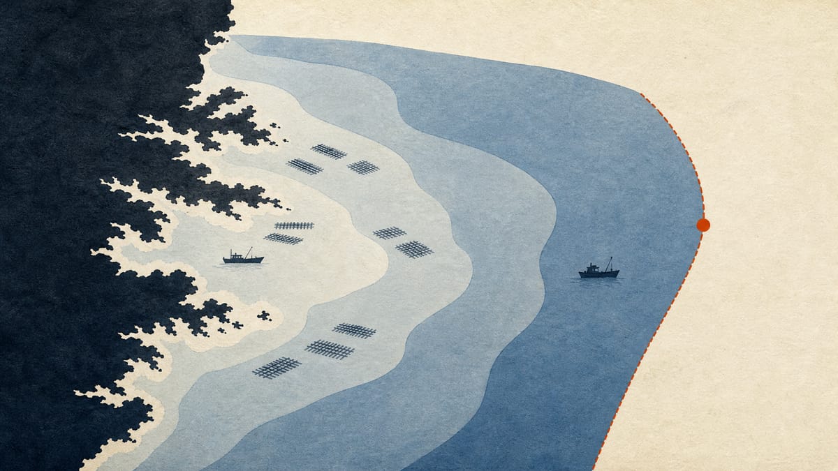 Illustrated coastline with concentric bands of sea extending offshore, dotted with small fishing boats and rafts.