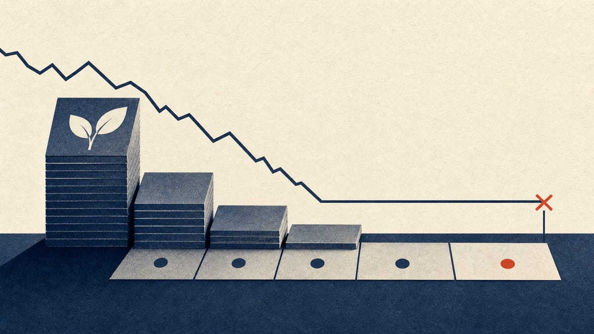 Abstract illustration of a stack of fund units shrinking beside a row of dated blocks and a flattening index line.