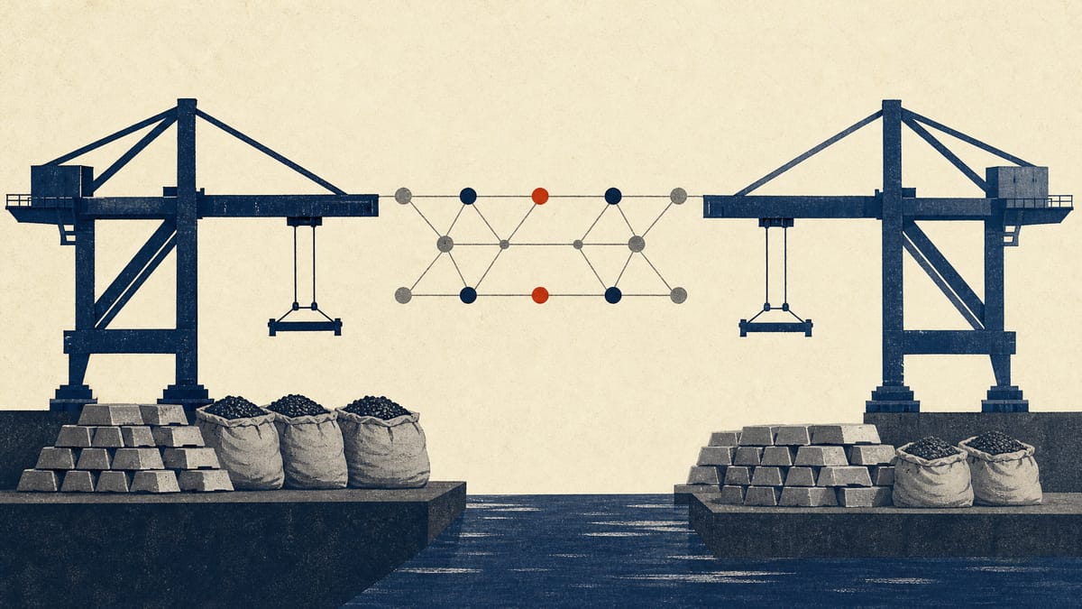 Illustration of two port cranes linked by a network of financing nodes above stacks of metal ingots, representing cross-border co-financing of mineral supply chains.