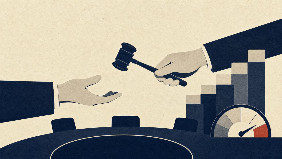 A gavel handed between two pairs of hands beside stylized bars and a gauge representing development finance and debt monitoring.