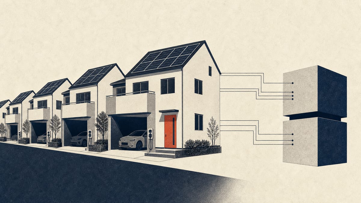 Illustration of timber-frame detached rental houses with rooftop solar panels, linked by thin lines to two stacked blocks representing loans.