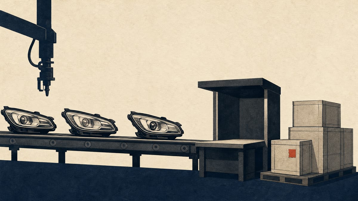 A car headlamp assembly line with finished lamp housings on a conveyor and one empty workstation at the end.