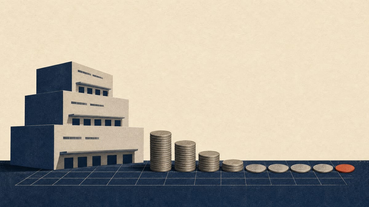 Scale-model warehouses beside uneven coin stacks that resolve into a level row of coins, illustrating a smoothed REIT payout.