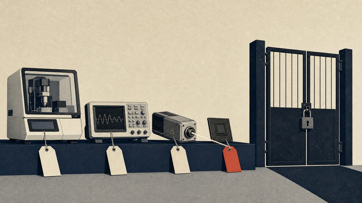 Illustration of controlled equipment, including a synthesiser, oscilloscope, laser module and processor die, lined up at a licensing gate.