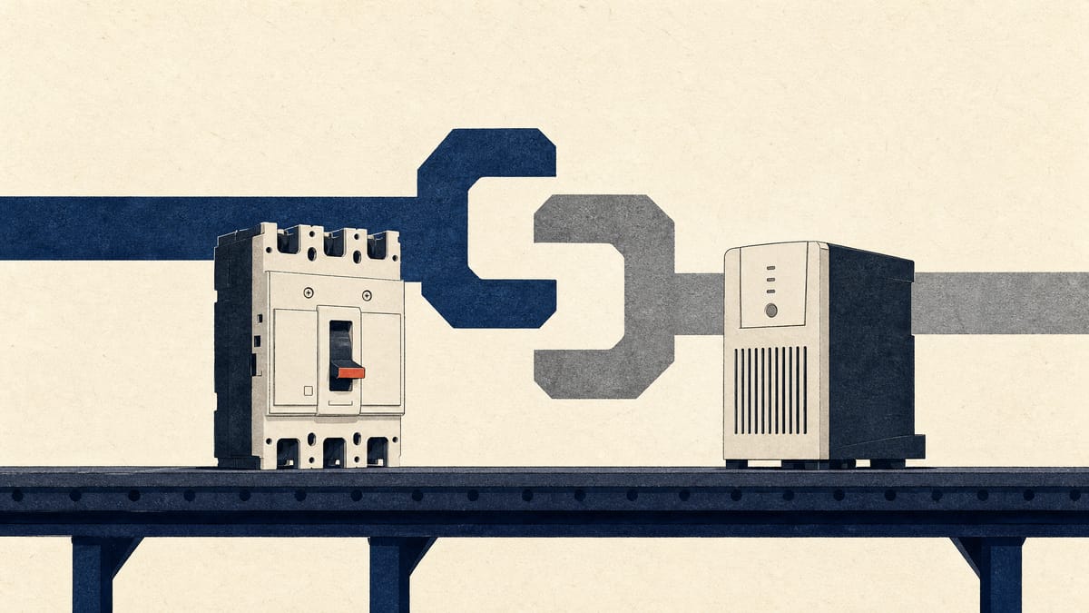 Circuit breakers and compact power supply units on an assembly bench with two interlocking brackets representing a joint venture