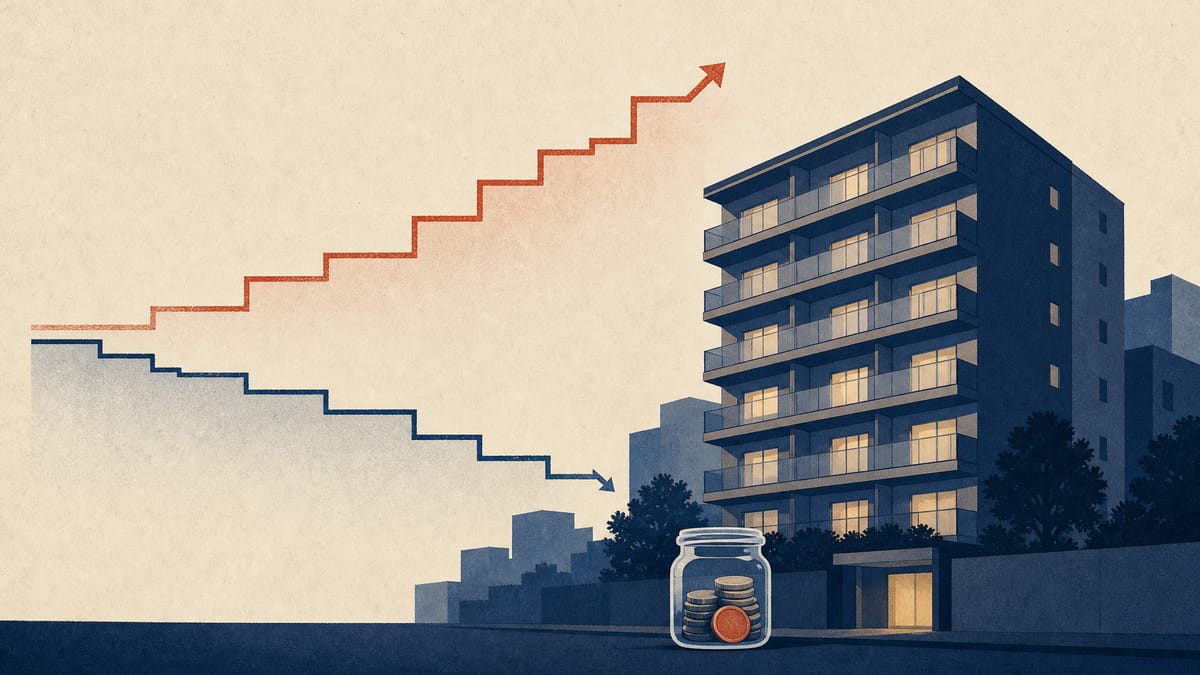 Illustration of an apartment building with one rising line and one falling line beside a jar of reserve coins, suggesting rising rents, lower profit and reserve-funded payouts