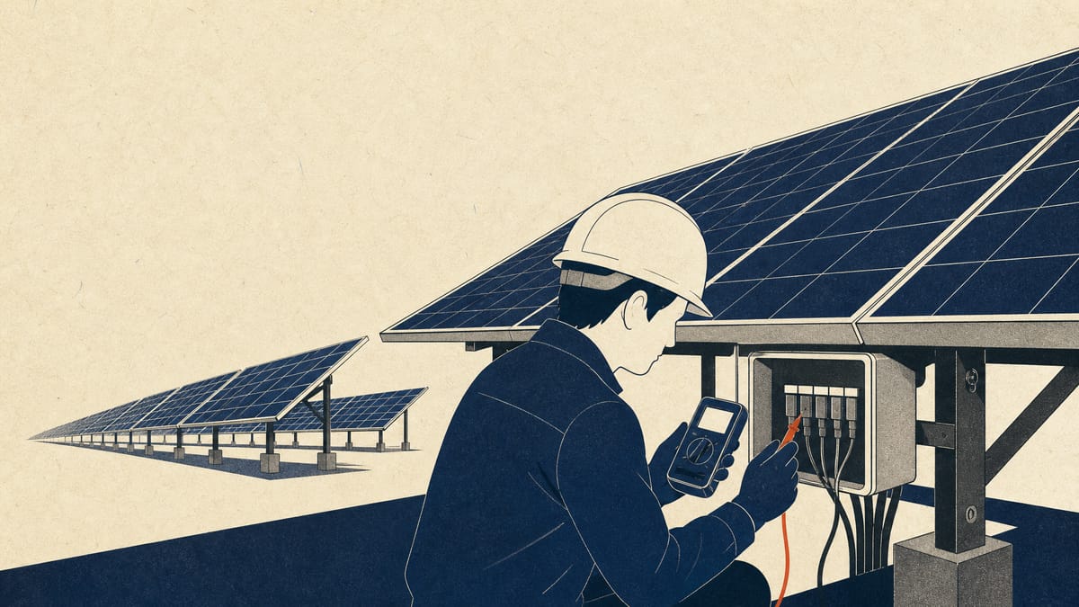 A technician in a hard hat tests wiring on a ground-mounted solar panel array.