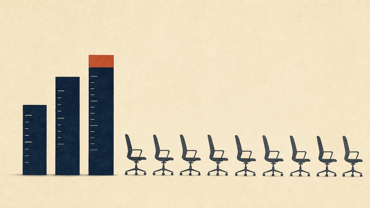 Three ledger bars of different heights next to a row of nine empty office chairs, an abstract picture of costs set against individual accountability.