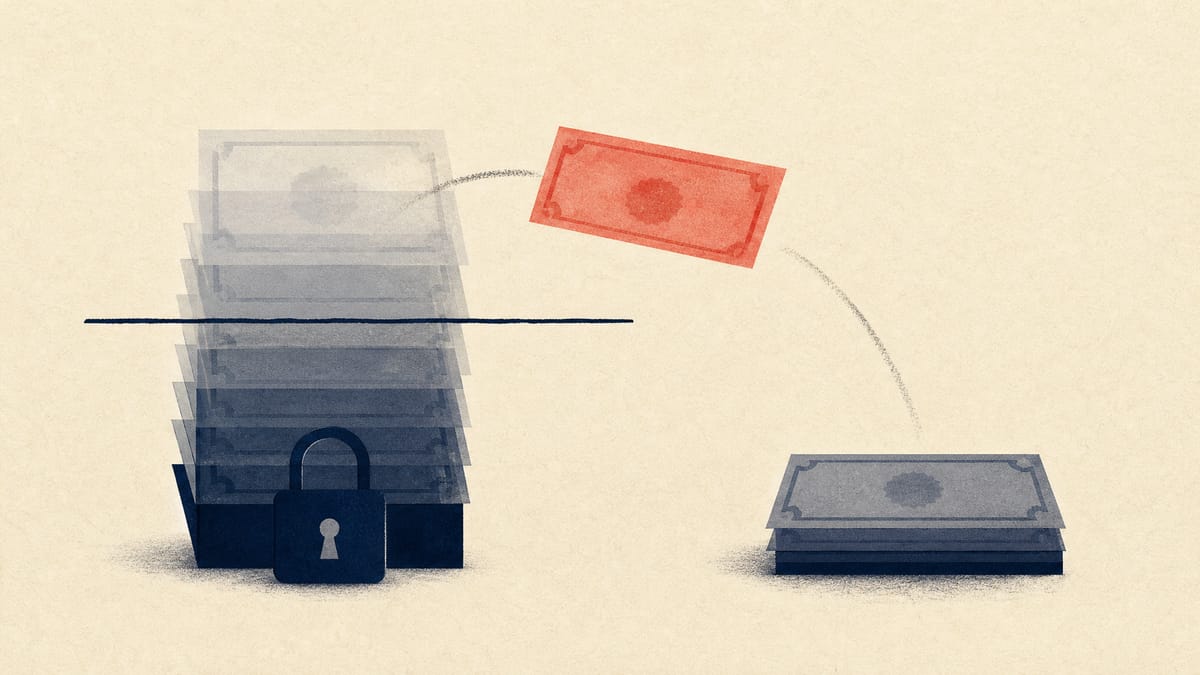 Abstract illustration of a stack of share blocks with one block moving away and a padlock on the remaining stack, representing a reduced shareholding under a lock-up.