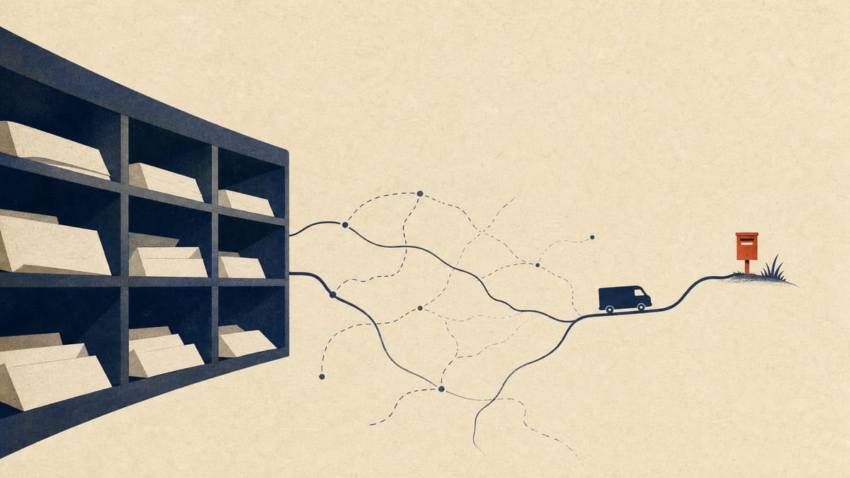 Abstract illustration of mail trays and a thin rural delivery route ending at a lone mailbox, representing the question of how far universal postal service should reach.