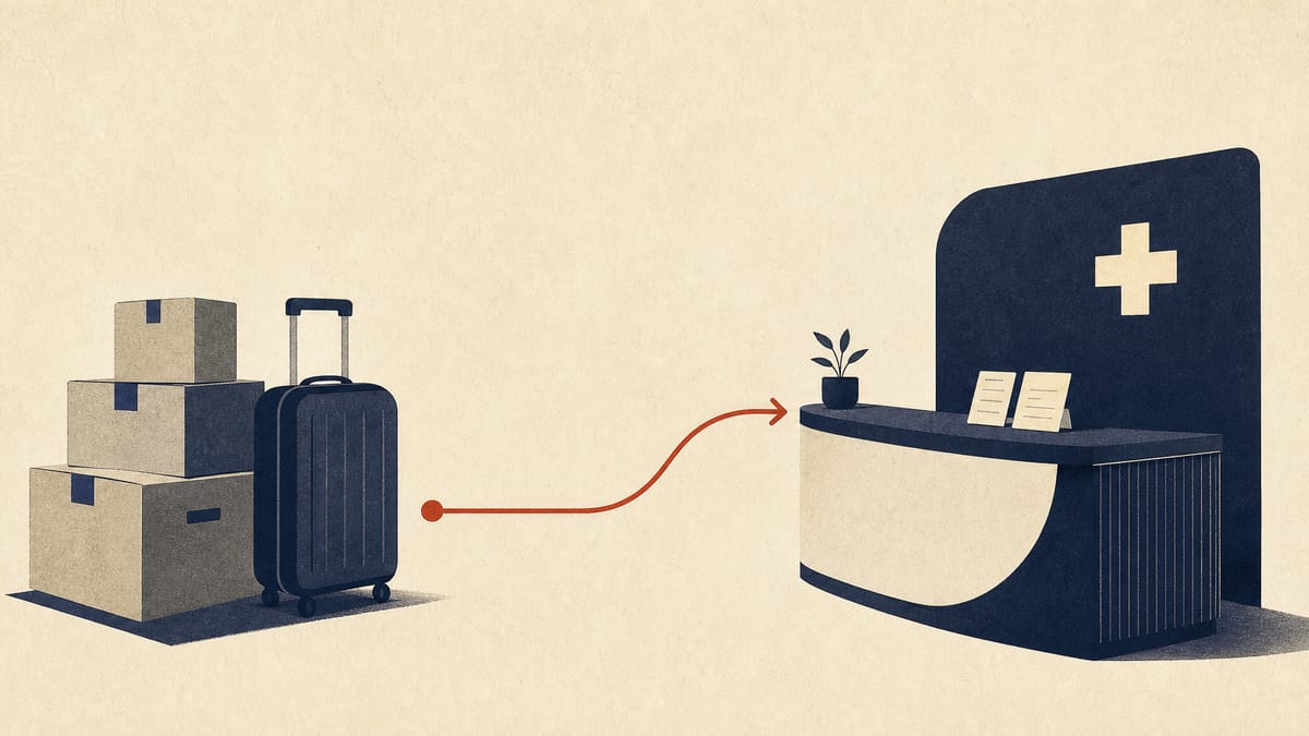 Relocation boxes and a suitcase connected by a route line to a clinic reception counter, illustrating referrals from expatriate relocation support to healthcare.
