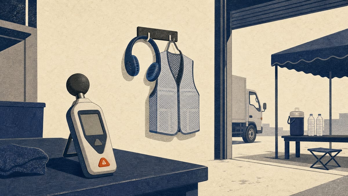 A heat-index meter on a workbench in a small workshop, with a cooling vest and neck fan hanging nearby.